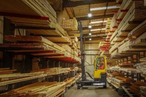 Multidirectional forklift operating in a narrow aisle