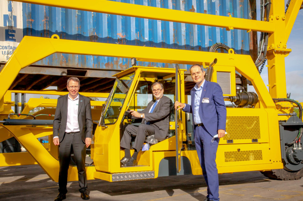 CEO Martin McVicar, Thomas Nader the Austrian Ambassador & Josef Treml the Trade Commissioner & Commercial Counsellor visit Combilift Headquarters. Combilift Straddle Carrier.