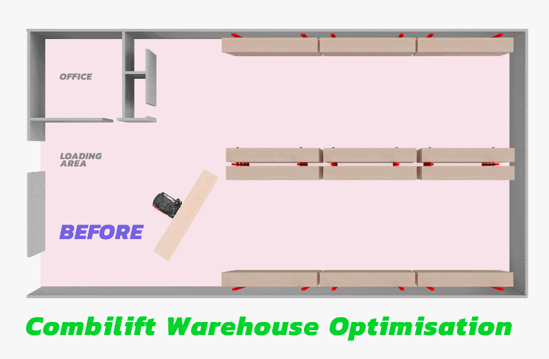 Combilift lageroptimering. Visar lager före och efter användning av Combilift multidirektionella gaffeltruck för smala gångar.
